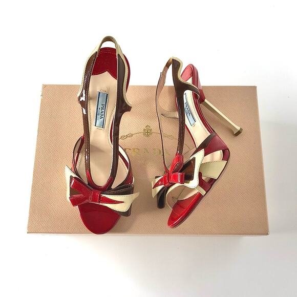 Prada S2012 Flame Red Patent Leather Bow Hotrod Strappy Heeled Sandals 36.5 - Picture 1 of 9